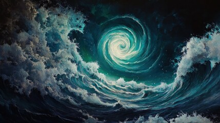 A swirling vortex of clouds and waves, evoking a sense of mystery and nature's power.
