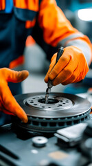 Obraz premium A mechanic wearing orange gloves works on a brake rotor, using a tool to tighten a component in a well-lit workshop setting.