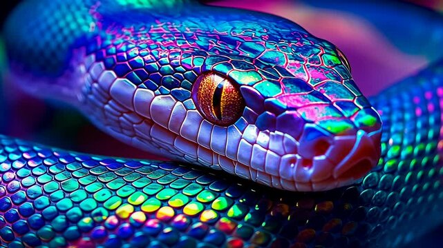 Colorful snake remains motionless.Reptile showing vibrant scales.Photographed artificial lighting.Vivid wildlife imagery indoors.Detailed close-serpent's head.Exotic animal controlled setting.