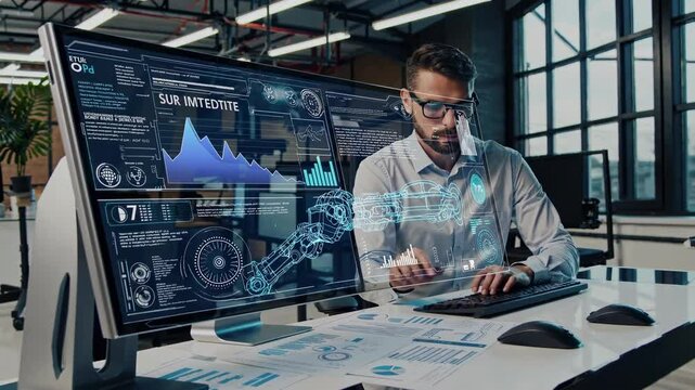 Engineer collaborates with advanced technology in modern office setting. Futuristic VFX in hud fui styel.
