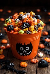 Colorful Halloween Candy Bucket Filled with Assorted Treats, Spooky Decorations, and Festive Elements for Halloween Celebrations and Parties