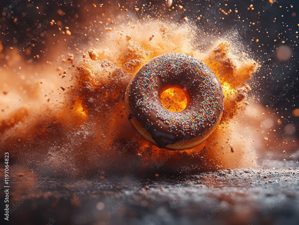 Poster chocolate donut exploding in a cloud of powdered sugar, dynamic food photography.