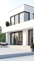 A modern, minimalist house featuring large glass windows and a sleek design, set in a serene outdoor environment with greenery.