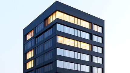A modern, sleek building with large windows reflecting light, showcasing urban architecture against a clear sky.
