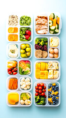 A colorful array of healthy meal prep containers filled with fruits, vegetables, grains, and proteins, neatly organized for balanced nutrition.