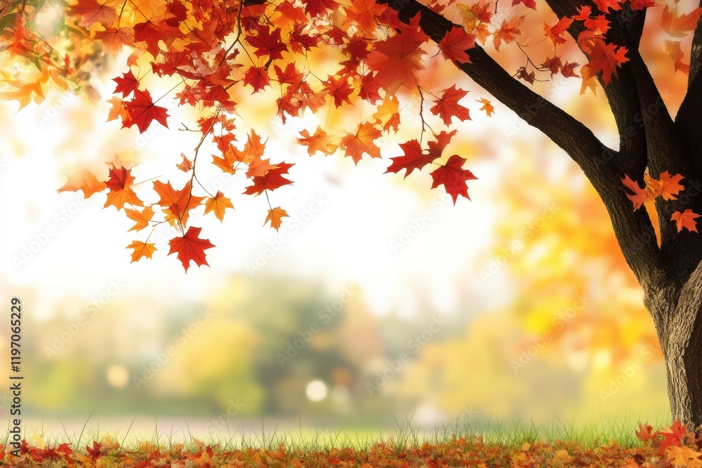 Fototapete Vibrant autumn foliage with a tree and warm light creates a serene backdrop for text and design projects. Generative AI