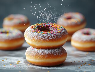 Delicious glazed donuts with sprinkles, stacked high, powdered sugar dusting.  Perfect for bakery, cafe, or dessert themed projects.