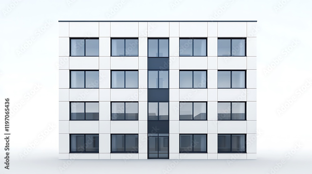 Poster a modern, minimalist building facade with multiple windows, featuring a symmetrical design and a neu
