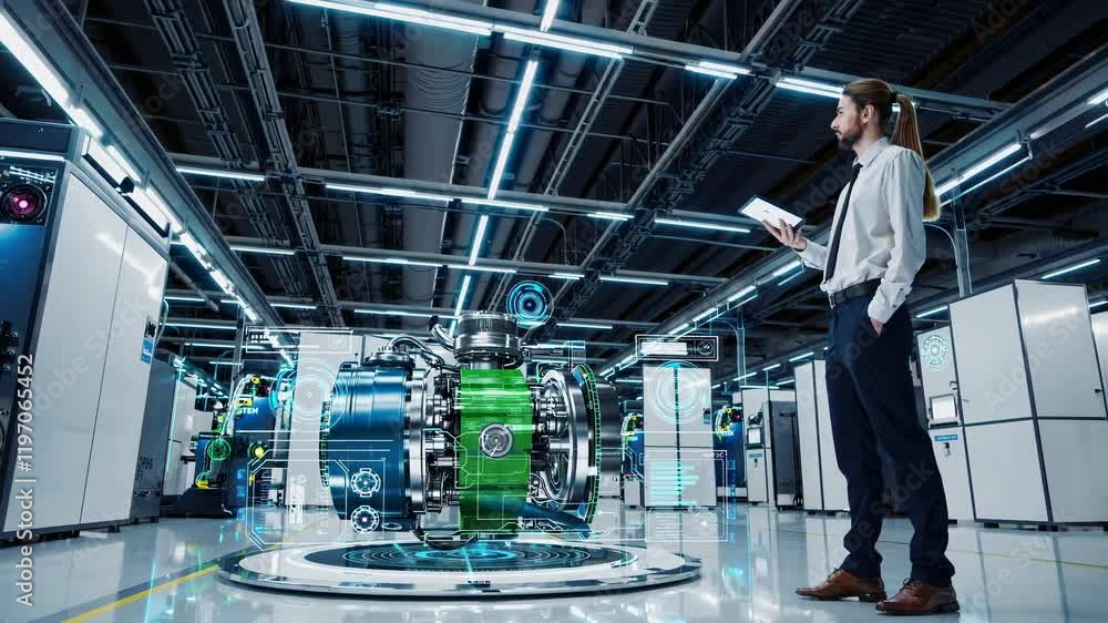 Poster technician examines engine prototype with advanced monitoring system in a high-tech facility