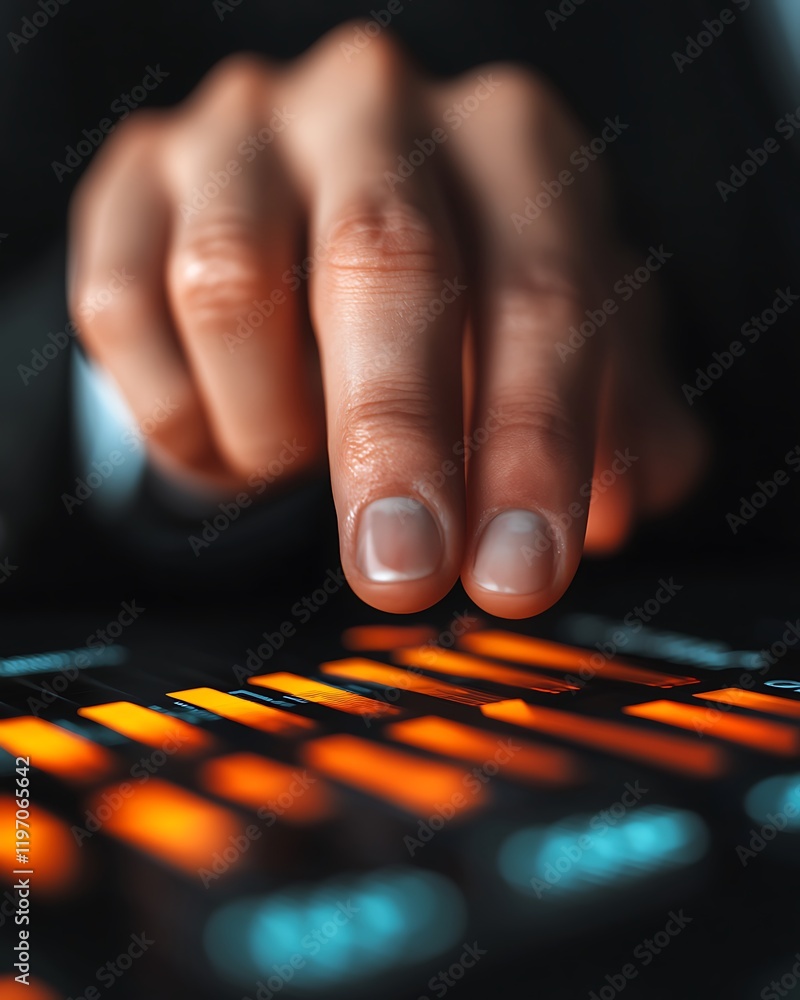 Poster a close-up of a hand pressing illuminated buttons on a control panel, suggesting interaction with te