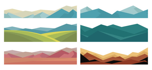 Mountains valley with hills collection. Nature and camping landscape, hiking vector illustration