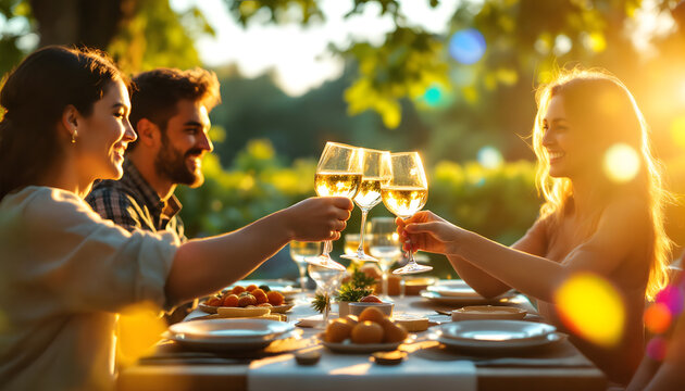 joyful gathering of friends clinking glasses at a festive sunset dinner