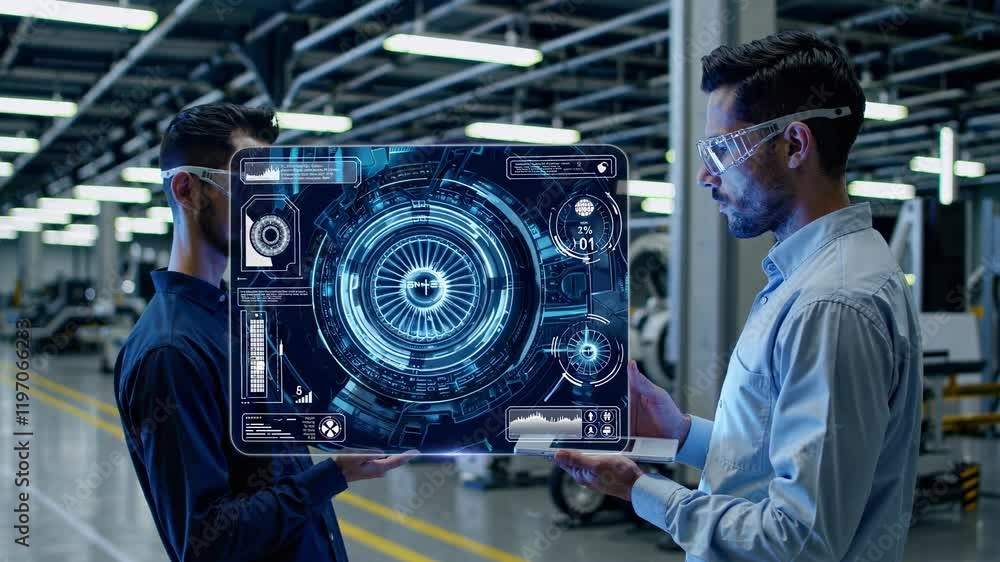 Aufkleber Engineers collaborate with augmented reality technology in a modern manufacturing facility. Fui hud