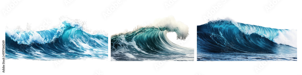 Poster png dynamic ocean waves in motion, element set on transparent background