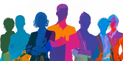 Inclusive business group as silhouettes in rainbow colors