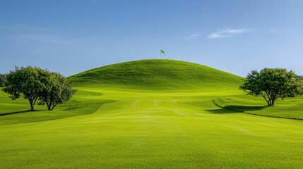 Scenic golf course green hill, flag, sunny day