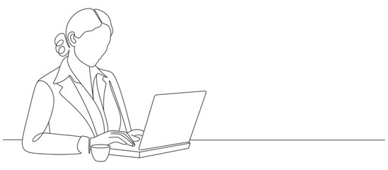 person working on laptop line art style vector illustration