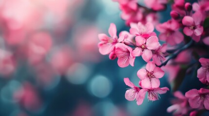 Obraz premium Delicate pink blossoms adorn branches under soft light in a serene garden setting. Generative AI