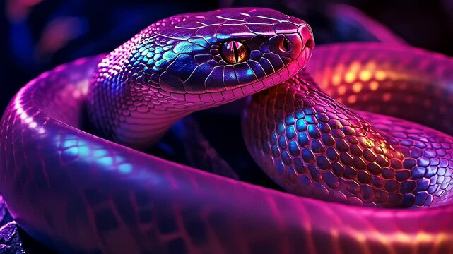 Vibrant colored snake ultraviolet light.Reptile glowing dark,visible scales.Exotic animal showcased vivid lighting.Close-low-conditions.Neon lights emphasize's textures.Purple and blue hues enhance