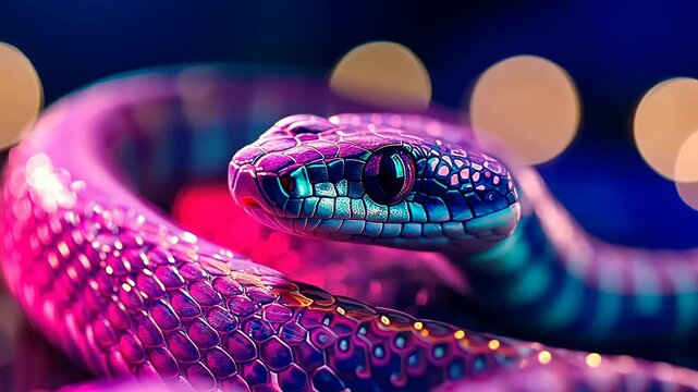Colorful snake glowing lights.Reptile vibrant scales night.Exotic lit neon colors.Wildlife captured display.lighting enhances's texture.Serpentine creature nocturnal setup.