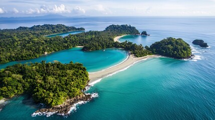 Aerial view of tropical bay, lush islands,  white sand beach, ocean waves; travel brochure