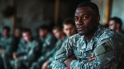 A man in military uniform sitting among other people.