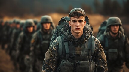 Young Male Soldier Leading a Formation of Soldiers in Combat Training, Focus on Discipline and Teamwork.