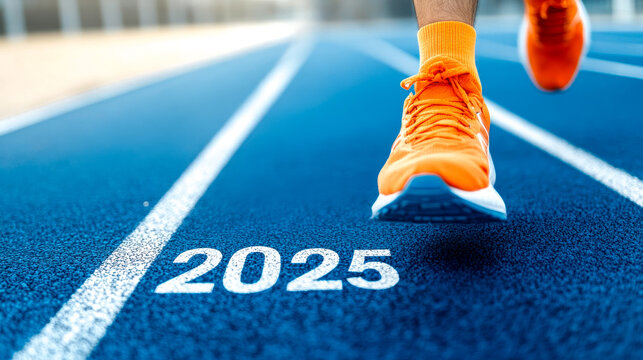 A runner's foot in bright orange shoes strides on a blue track marked with the year 2025, symbolizing speed and future goals.