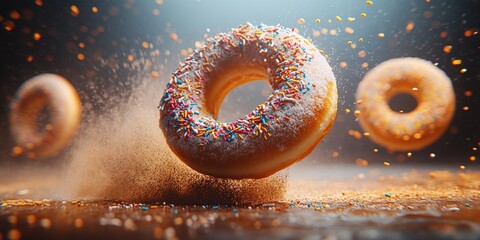 Delicious glazed donut with sprinkles in mid-air, surrounded by a burst of powdered sugar and sprinkles.  Perfect for bakery, food, or dessert advertising.
