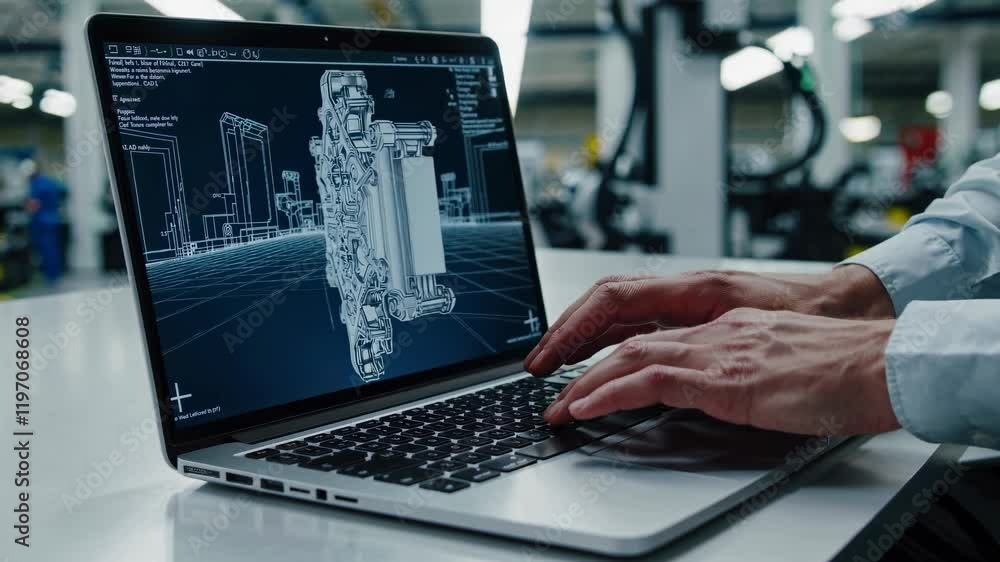 Poster engineer designs and analyzes mechanical components using advanced software in a high-tech workshop 