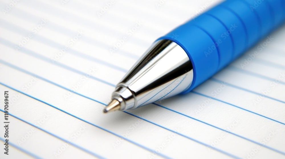Poster a close-up of a sleek pen writing on a lined notebook in an office setting.