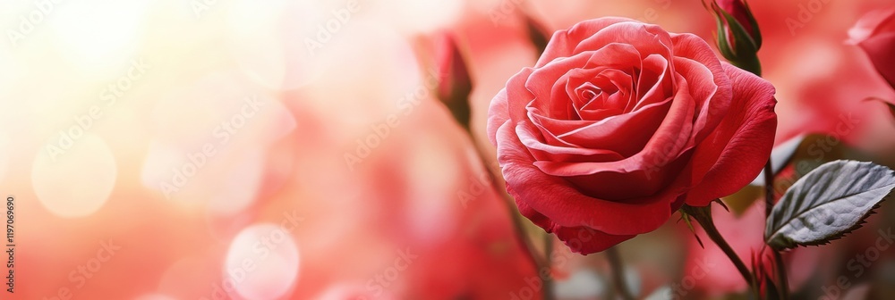 Poster Beautiful pink rose blossom in a garden setting with soft blurred background for text placement. Generative AI