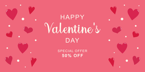 Happy Valentine's Day horizontal banner for sale. Red hearts on the edges. Simple cute greeting card. Vector illustration.