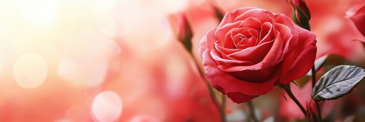 Beautiful pink rose blossom in a garden setting with soft blurred background for text placement. Generative AI