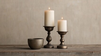 Two lit candles on antique brass candle holders with bowl.