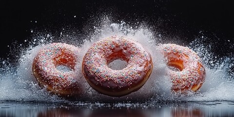 Three delicious donuts with sprinkles explode in a burst of powdered sugar against a dark background.  A captivating image for food blogs or advertising.
