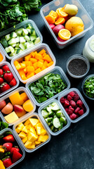 A colorful assortment of fresh fruits and vegetables arranged in clear containers, highlighting healthy meal prep options.