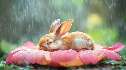 A bunny sleeping under a flower petal umbrella in the rain