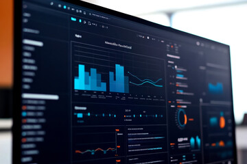 Fototapeta premium A modern computer monitor displaying intricate data visualizations and analytics, featuring graphs and charts in vibrant colors.