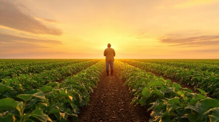 Fototapeta premium Farmer surveys field at sunrise, agriculture, hope