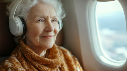 Portrait of an elderly woman in an airplane passenger cabin seat