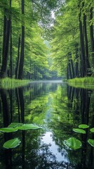 Obraz premium Serene forest river reflection, peaceful morning mist