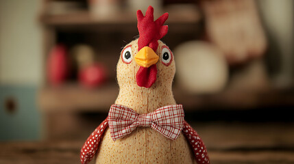 A cheerful hen plushie wearing a bowtie