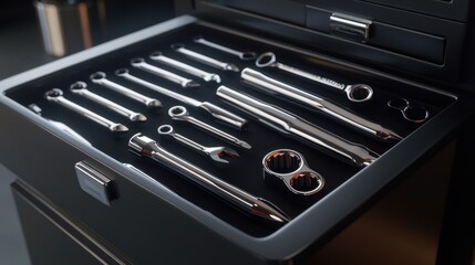 A close-up of polished stainless steel industrial tools in a toolbox.