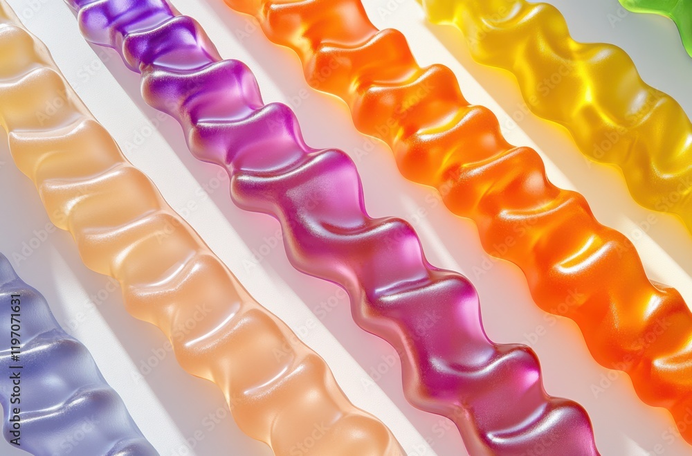 Poster colorful jelly candy strips displayed in a line with a soft light reflection, invoking a sense of pl