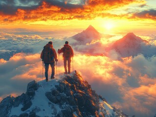 Adventurous hikers at majestic mountain peak during sunrise