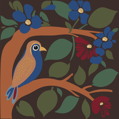 Naklejka premium Nature natural shades harmony bird on a tree and flowers
