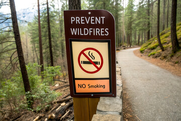 A wooden sign warns against smoking to prevent wildfires, placed along a forest path surrounded by greenery.