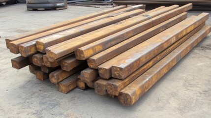 A close-up of steel rods and beams stacked for construction use.