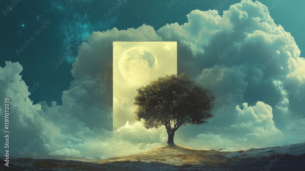 Poster Surreal landscape featuring a tree and a luminous moon framed by clouds at dusk. Generative AI